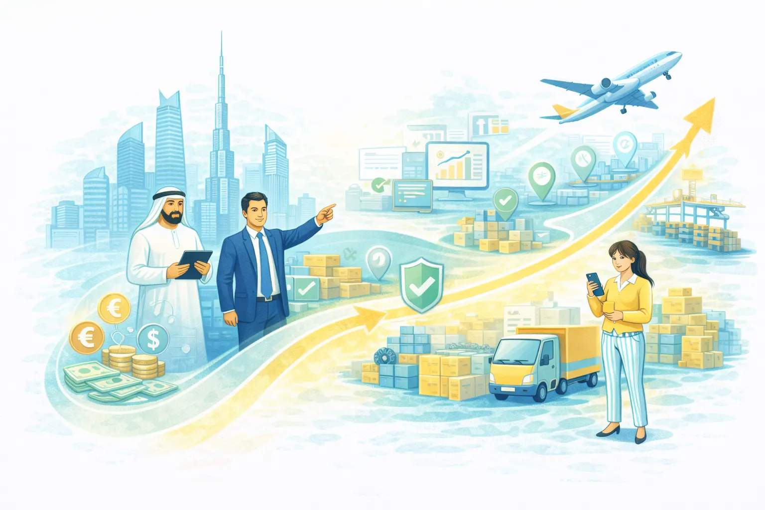 tally uae illustration showing the rapidly evolving business landscape of the United Arab Emirates with trade, logistics, and digital growth
