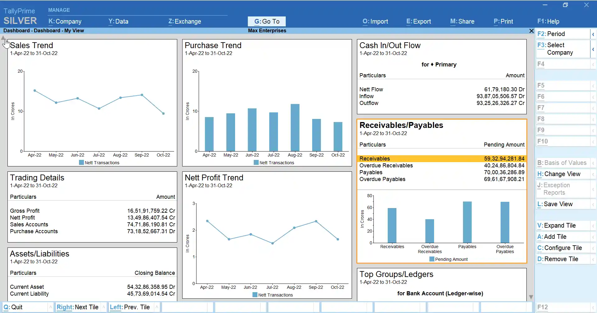 Tally Prime reports dashboard showing profit and loss, balance sheet, VAT summary and stock reports