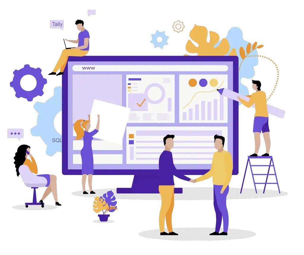 Illustration of TallyMENA team working on TallyPrime setup and business reporting