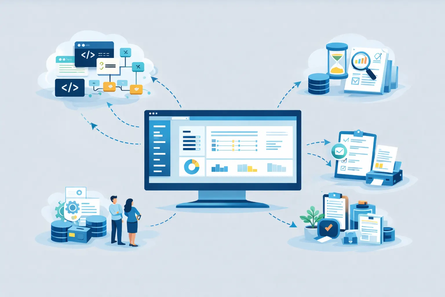 Illustration showing business reporting and workflow problems solved by TallyPrime customization for UAE businesses