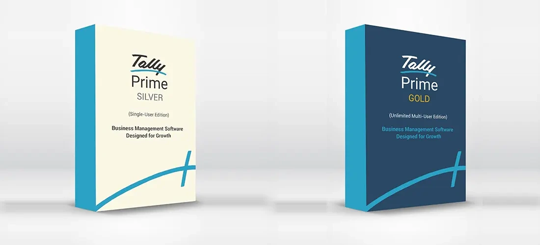 Tally Prime Silver single user edition and Tally Prime Gold multi user edition licence boxes