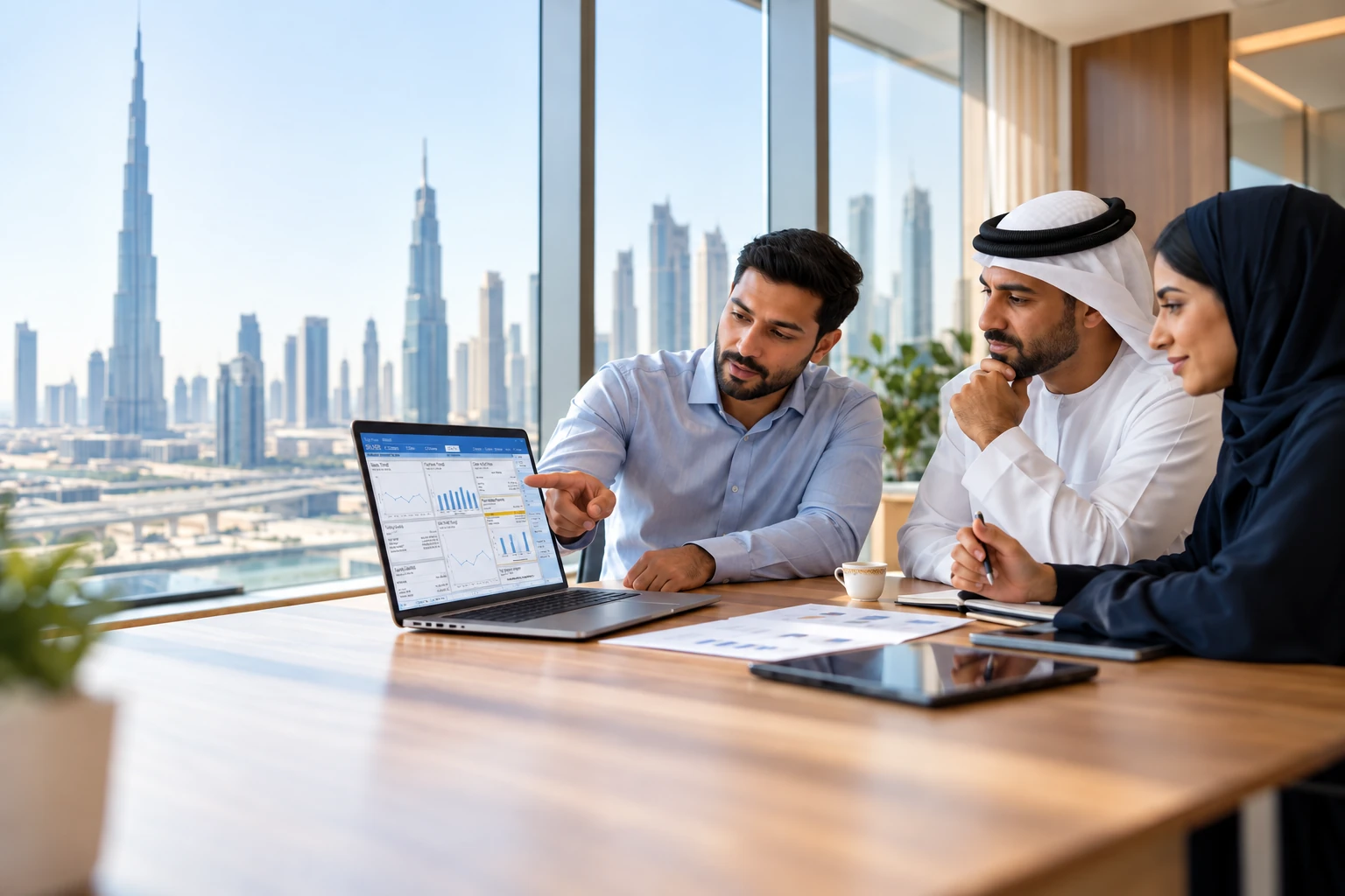 Tally Mena consultant reviewing Tally Prime reports with a UAE business on a laptop