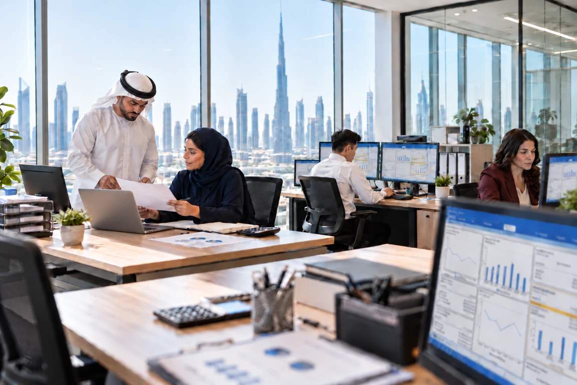 Tally Mena accounts team in a Dubai office with Tally Prime dashboards on their monitors